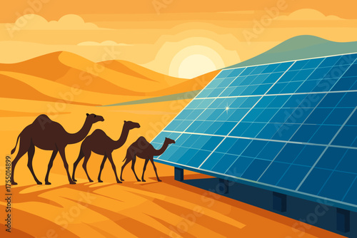 Camels approach a solar panel array at sunset in a desert landscape