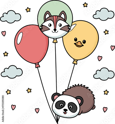 Cute cartoon panda raccoon and duckling with balloons animal