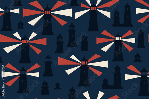Pattern of lighthouses with colorful beacons shining against a dark blue background creating a nautical theme