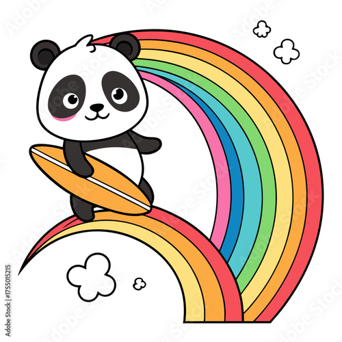 Cute panda surfing on a colorful rainbow arc with clouds wave