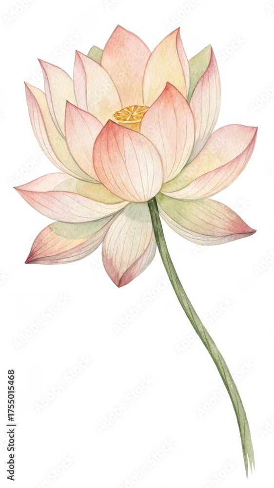 Fototapeta premium A delicate, pastel-colored lotus flower stands gracefully, showcasing its intricate petals and central seed pod against a clean background.