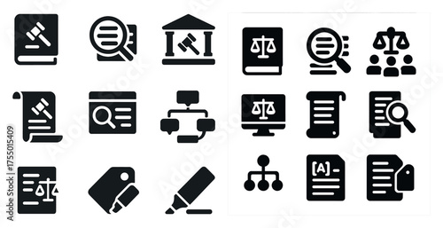 Legal and justice silhouette icons set – solid, filled, court and law symbols