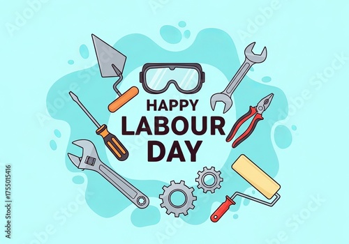 Happy labor day celebration featuring essential tools and safety goggles in a festive design