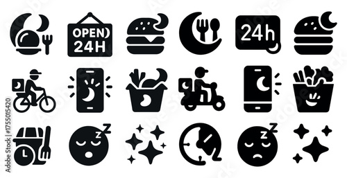 Food delivery solid icons set – silhouette, filled, restaurant and takeout symbols