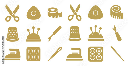 Sewing tools solid icons set – filled, craft, needlework, and tailoring symbols