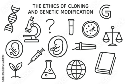 Genetic Modification Symbols. The ethics of cloning and genetic modification. Hand-drawn doodle illustration cloning and genetic modification DNA strand,
