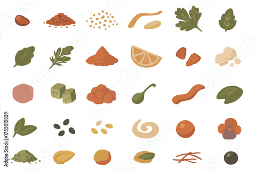 Variety of spices and herbs displayed in colorful designs for cooking enthusiasts and culinary artists