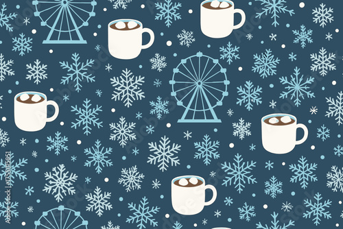 Seasonal pattern featuring hot cocoa cups and snowflakes with a ferris wheel on a blue background