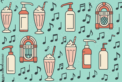 Colorful retro diner theme featuring milkshakes, jukebox, and musical notes in a playful design