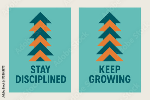 Geometric Motivation Banners. Determination. Two vertical A6 banners with safe margins, centered composition, no elements touching edges, geometric style,