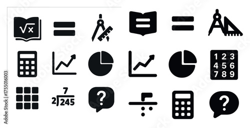 Math and education solid icons set – learning, calculation, teaching essentials