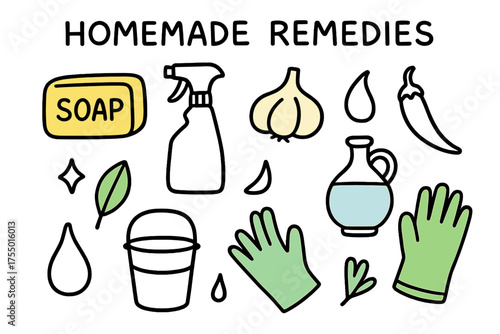 Homemade Remedies Doodles. Homemade Remedies. Hand-drawn doodle illustration soap bar (colored), spray bottle, garlic clove (colored), chili pepper, vinegar