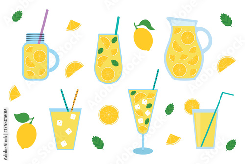 A set of fresh, invigorating, juicy lemon drinks with mint. A glass of lemonade with a straw. A refreshing summer vitamin cocktail. Vector illustration on a white background.