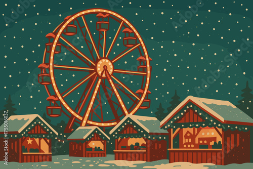 Brightly lit Ferris wheel and cozy market stalls under snowflakes in a winter evening setting