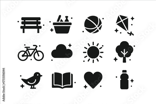 Leisure Icons Grid. Leisure time. Solid icons set of Leisure time: park bench, picnic basket, ball, kite, bicycle, cloud, sun, tree, bird, book, heart, water