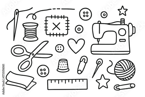 Sewing Tools Doodle. Sewing. Hand-drawn doodle illustration sewing needle, thread spool, scissors, thimble, buttons, ruler, fabric, sewing machine, stitching