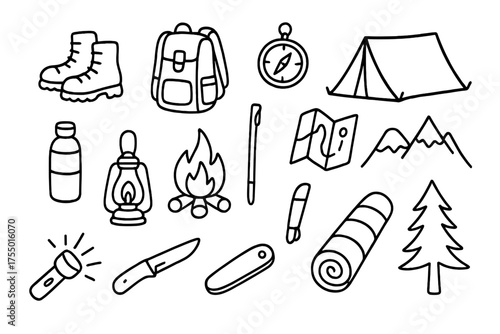 Camping Essentials Doodle. Hiking and camping. Hand-drawn doodle illustration hiking and camping boots, backpack, tent, compass, map, walking stick, water