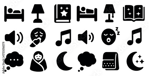 Sleep and relax solid icons set – restful, bedtime, serenity symbols