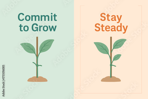 Commit to Grow Banners. Growth. Two vertical A6 banners with safe margins, centered composition, no elements touching edges, pastel style, mint and peach,