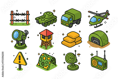 Isometric Army Icons. Army Base. Colorful isometric vector icons set of army base: barbed wire fence, tank, truck, helicopter, spotlight, guard post, sandbags,