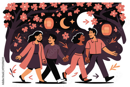 Romantic Lantern Stroll. Evening blossom walk. Couples glowing while enjoying tree blossoms under soft lanterns. Floating icons of moon, star, and flower