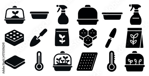 Gardening and plant care silhouette icons set – simple, outline, horticulture symbols