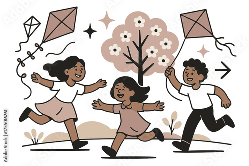 Spring Kite Play. Spring joy. Children glowing as they fly kites on promenade lawns near blossoming trees. Floating icons of kite, sparkle, and arrow showing