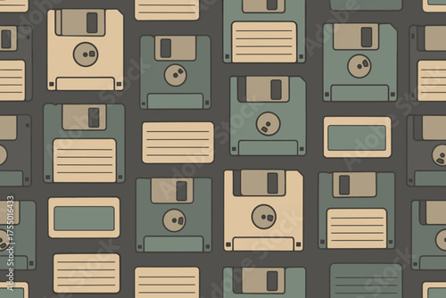 Vintage floppy disks arranged in a repeating pattern showcasing retro technology design