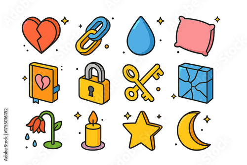 Separation Icon Collection. Separation. Colorful isometric vector icons set of separation: broken heart, chain link, teardrop, pillow, diary, lock, key,