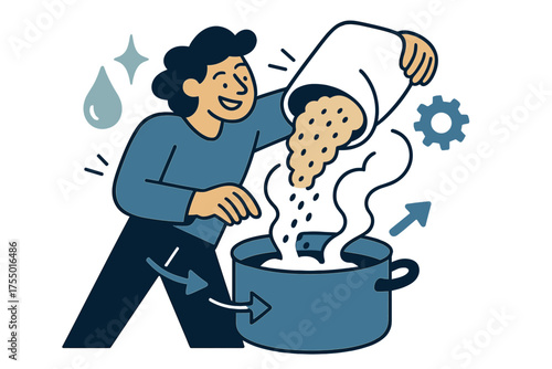 Home Brewing Artistry. Home brewing basics. Glowing person pouring malt into a large kettle with steam rising. Floating icons of droplet, sparkle, and gear