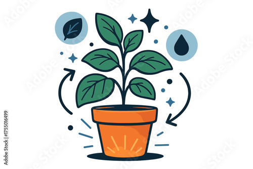 Vibrant Basil Growth. Potted herb. A glowing terracotta pot with basil leaves sprouting upward, fresh and vibrant. Floating icons of leaf, sparkle, and droplet