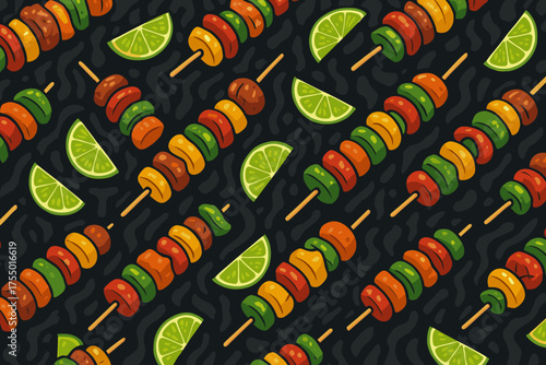 Colorful skewers with vegetables and lime slices arranged on a dark background for summer gatherings and barbecues
