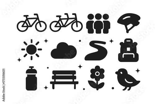 Group Cycling Icons. Group cycling. Solid icons set of Group cycling: bicycle, tandem bike, group of people, helmet, sun, cloud, path, backpack, water bottle,