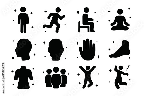 Silhouettes Icon Grid. Silhouettes. Solid icons set of Silhouettes: standing figure, running figure, sitting figure, yoga pose, profile face, head, hand, foot,