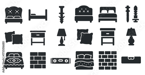 Bedroom furniture solid icons set – decor, home improvement, interior design symbols