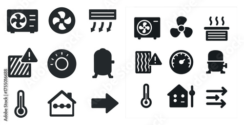 Heating and cooling solid icons set – filled, flat, hvac and temperature symbols