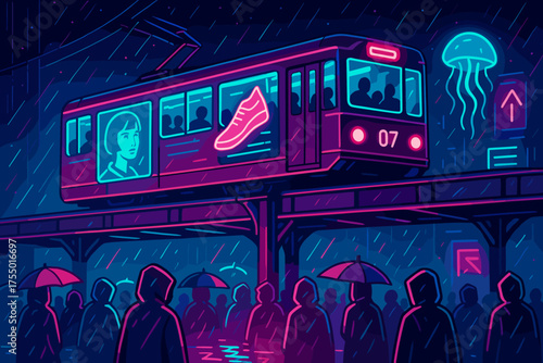 City tram passes through a rainy neon district with pedestrians holding umbrellas in the evening