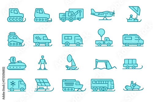 Various vehicles and machines designed for winter activities and transportation on snow and ice in a simple, colorful style
