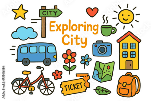 City Exploration Icons. Exploring City. Colorful Hand-drawn doodle Children illustration street sign, bus, building, coffee cup, map, star, heart, camera,
