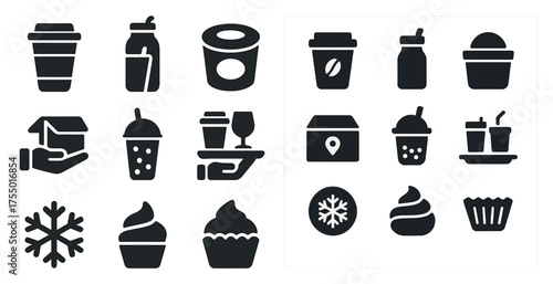 Coffee and beverage solid icons set – flat, filled, cafe and drink symbols