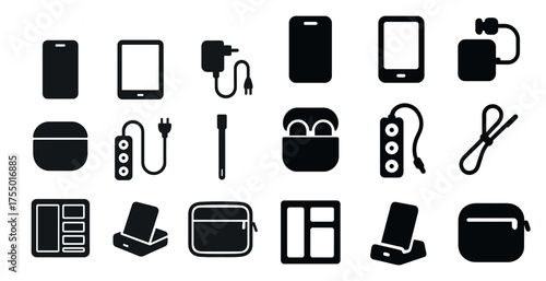 Tech accessories solid icons set – connectors, gadgets, and digital device symbols