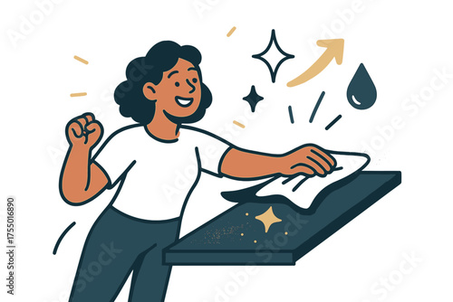 Dynamic Cleaning Scene. Cleaning day. Person glowing while wiping down a dusty shelf with cloth. Floating icons of sparkle, arrow, and droplet