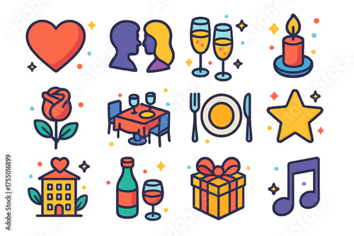 Romantic Dinner Icons. Romantic Dinner. Colorful isometric vector icons set of romantic dinner: heart, couple silhouette, champagne glasses, candle, flower,