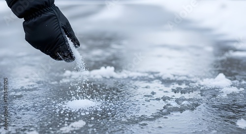 Close-up of gloved hand sprinkling salt on icy surface for winter safety