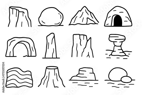 Rock Formation Doodles. Rock formations. Hand-drawn doodle illustration rock formations cliff, boulder, canyon, mountain, cave, arch rock, pillar, stone stack,