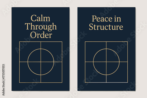 Calm and Peace Banners. Discipline. Two vertical A6 banners with safe margins, centered composition, no elements touching edges, modern minimal, navy and gold,