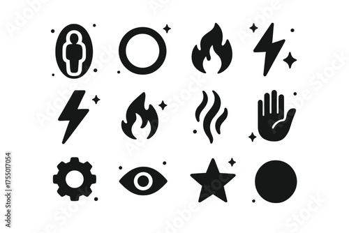 Black Energy Icons. Energy fields. Solid icons set of Energy fields: human silhouette, aura ring, spiral, flame, lightning, wave, smoke, hand, gear, eye, star,