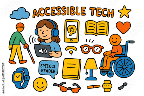Inclusive Tech Doodles. Accessible Tech. Colorful Hand-drawn doodle Children illustration screen reader, voice assistant, phone, tablet, glasses, cane,