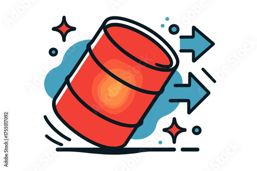 Glowing Barrel Momentum. Rolling Barrel. A glowing barrel tipping and rolling forward, abstract floating spark and arrow shapes symbolizing movement and