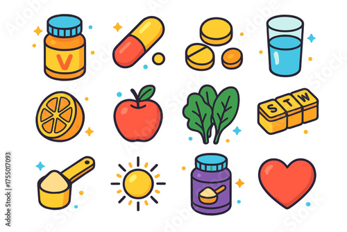 Vitamin Icons Collection. Daily Vitamin Supplements. Colorful isometric vector icons set of daily vitamin supplements: vitamin bottle, capsule, tablet, glass